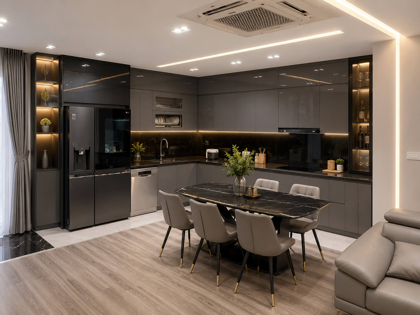 tủ bếp inox cánh kính
