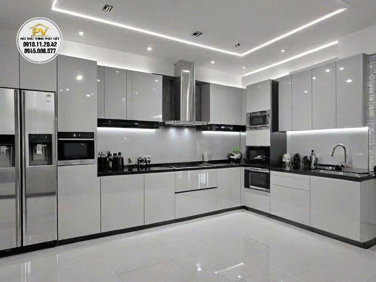 tủ bếp Acrylic tráng gương
