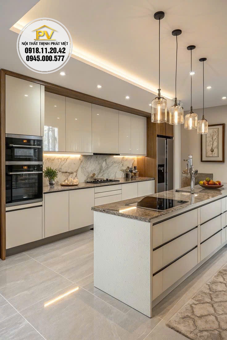 tủ bếp Acrylic tráng gương