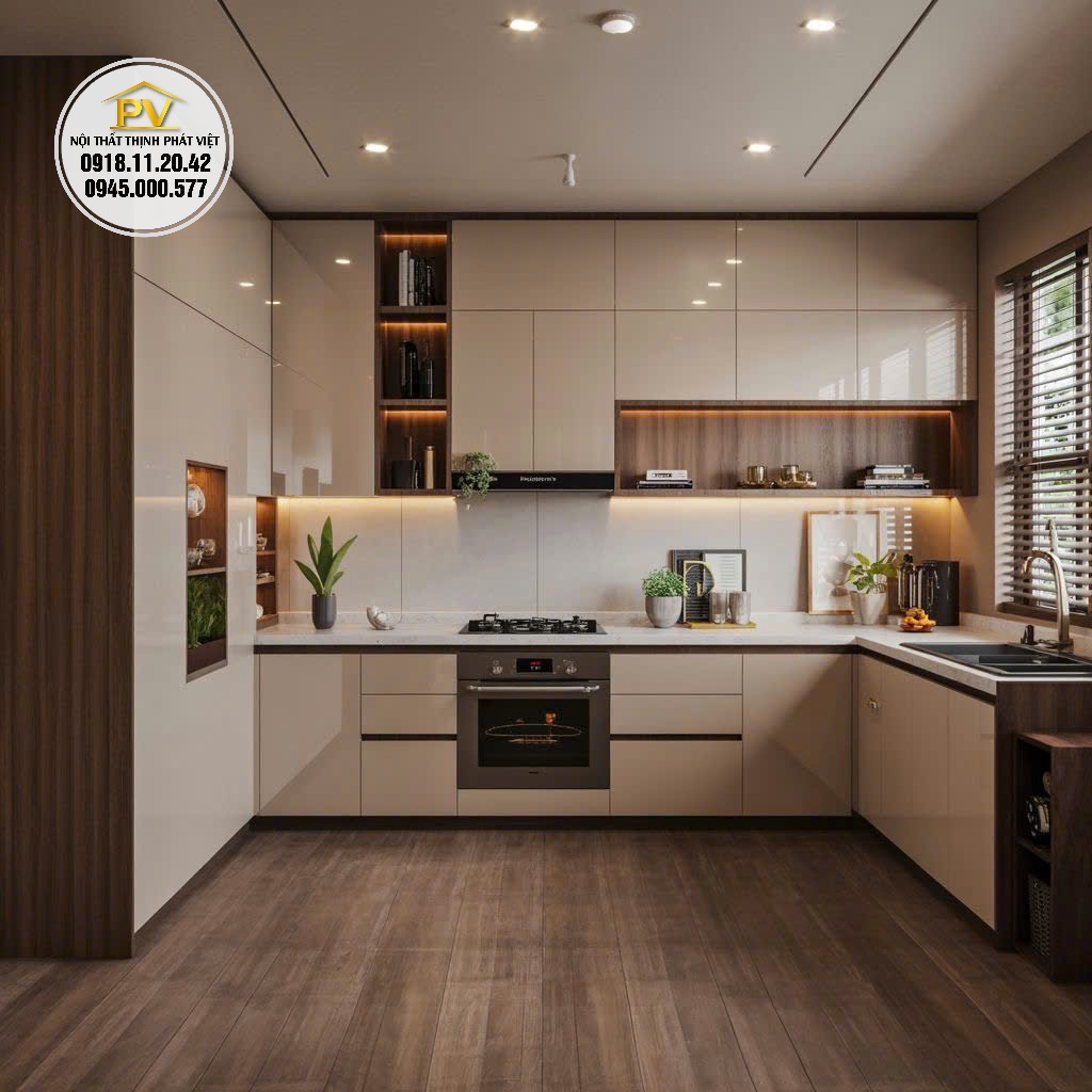 tủ bếp Acrylic tráng gương